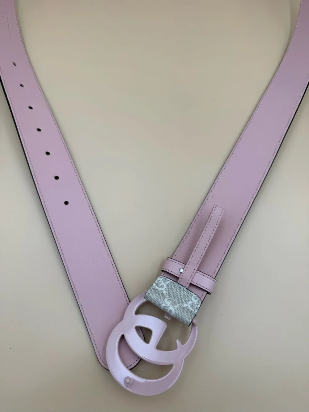 Gucci GG Marmont Pink Double G Belt Beige GG Supreme Canvas Pink Leather  110